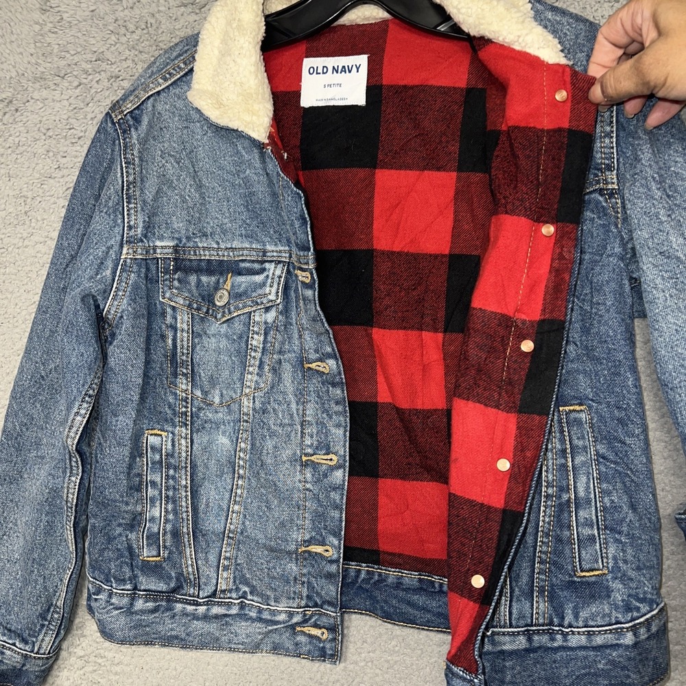 Old Navy Jacket Womens S Petite Buffalo Plaid Flannel Lined Sherpa Denim Trucker